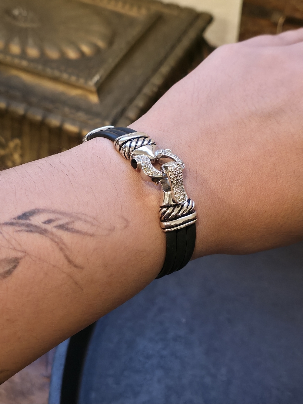 Designer Style Silver & Black Rubber Bracelet | Pavé CZ Magnetic Clasp | Unisex